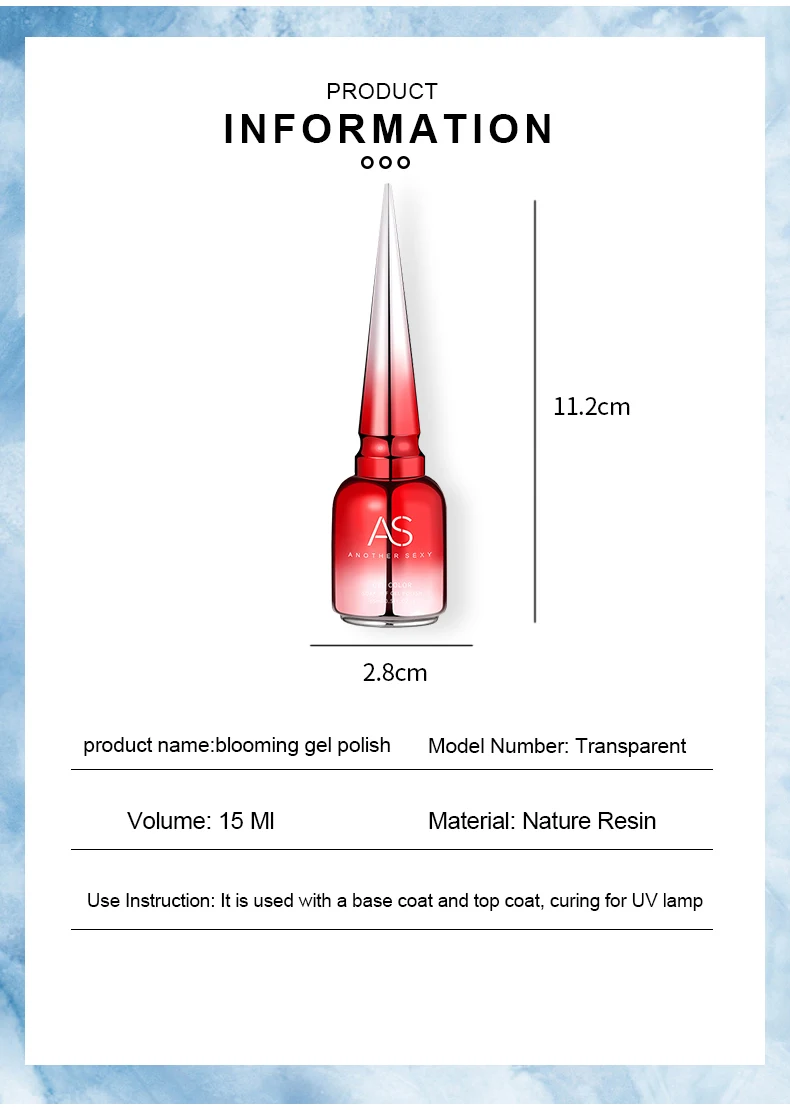 AS Tpo Free Clear Blooming Gel Polish 15 ml UV-LED Soak Off Nail Art Polish zum Verteilen von Effekt Marmor Gel Paint Lack TopBase – Detail 2