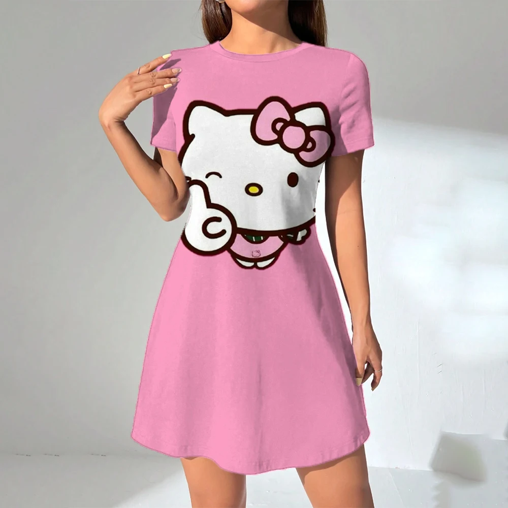여성 긴 티셔츠 드레스 여름 패션 소녀 헬로 키티 프린트 오버 사이즈 캐주얼 라운드 넥 반팔 미니 티셔츠 드레스 ﻿