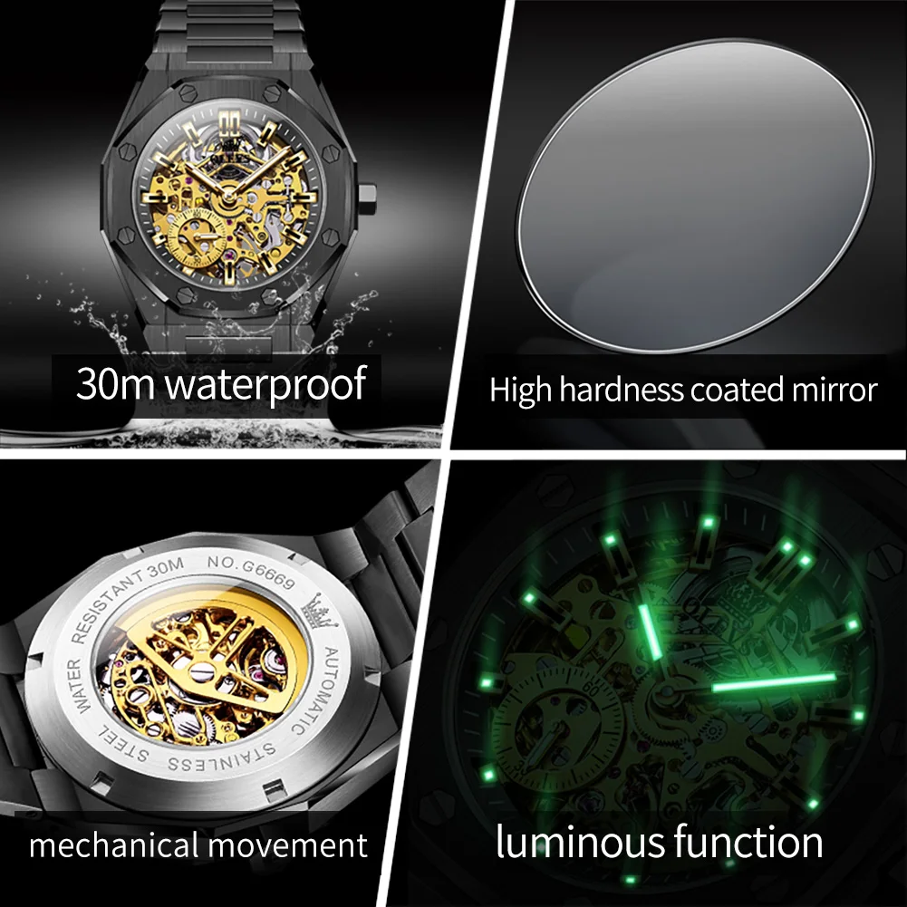 OLEVS 6669 Mens Watches Original Luxury Brand Hollowing Automatic Mechanical Watch Waterproof Watch For Man  Mens Gifts Reloj  ﻿