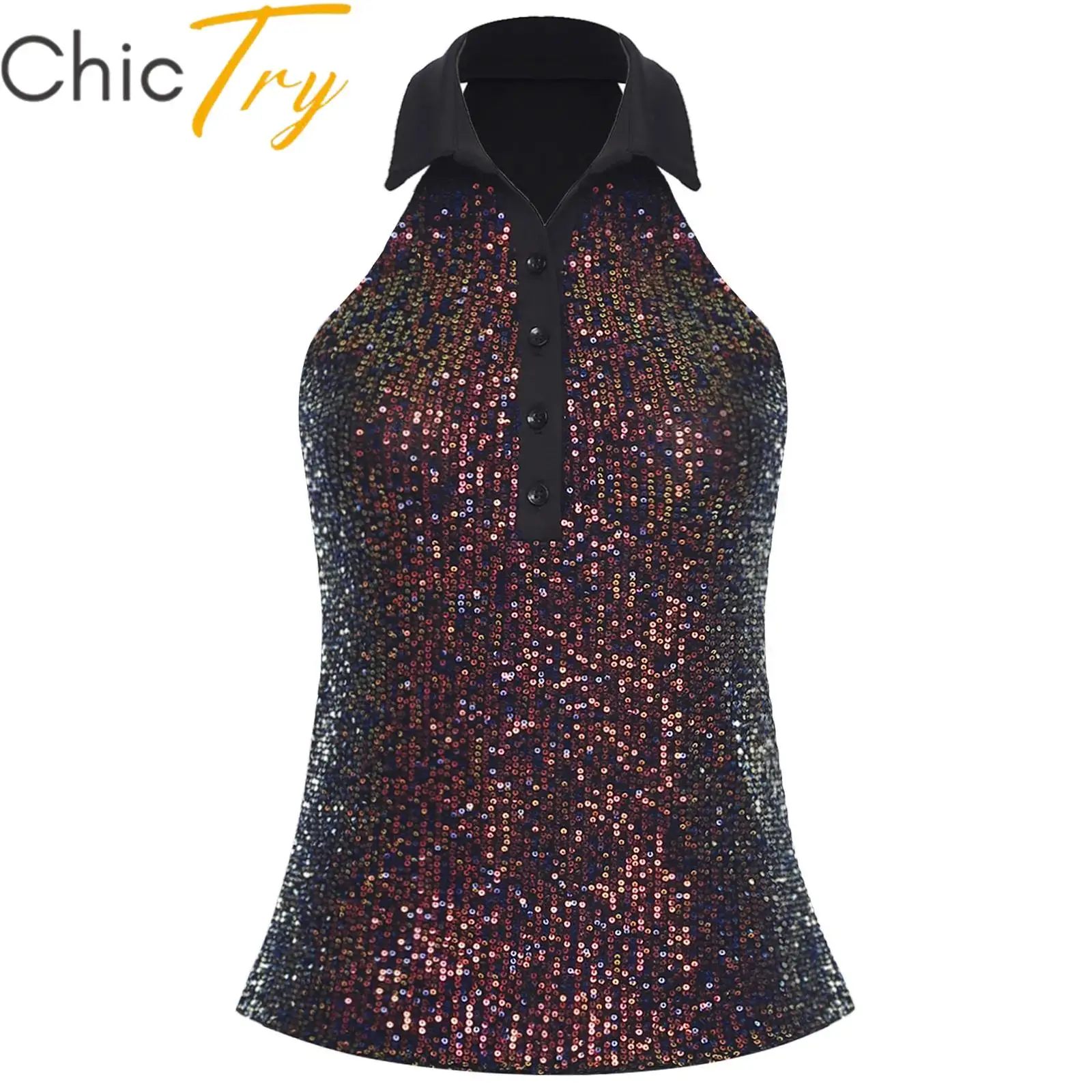 

Womens Shiny Sequin Tank Tops Lapel V Neck Sleeveless Vest Contrast Color Crop Top Shirt Fashion Tops for Club Party Costumes