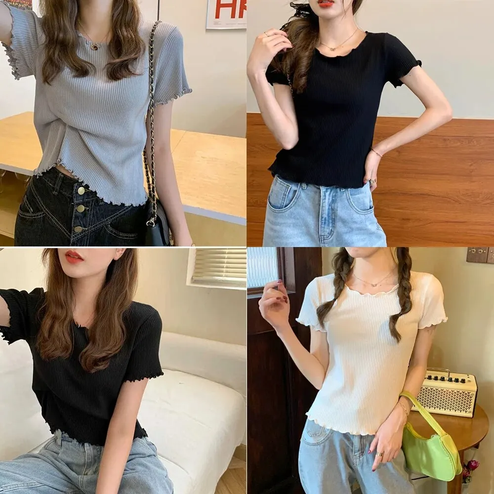 Women's Lettuce Trim Ribbed T-Shirt Knit Short Sleeve Crop Top Slim Fitted Vintage Wooden Ear Trim Slim Short Tee Spring Summer image 6