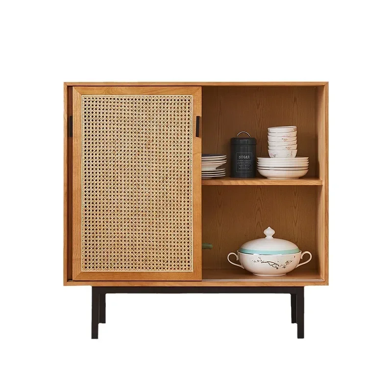Ash wood dining side cabinet New Chinese-style household small apartment rattan double door side cabinet Restaurant