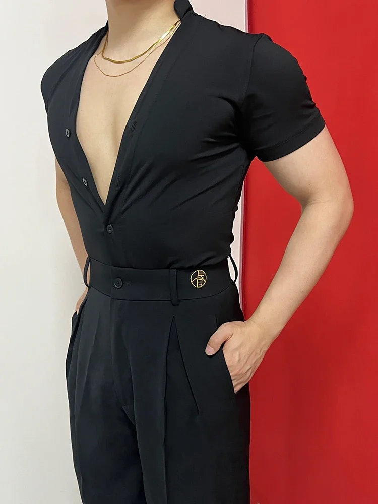 National Standard Latin Dance Practice Clothes Men Latin Costumes 2024 New V-Neck Black White Black Long-Sleeved Shirt