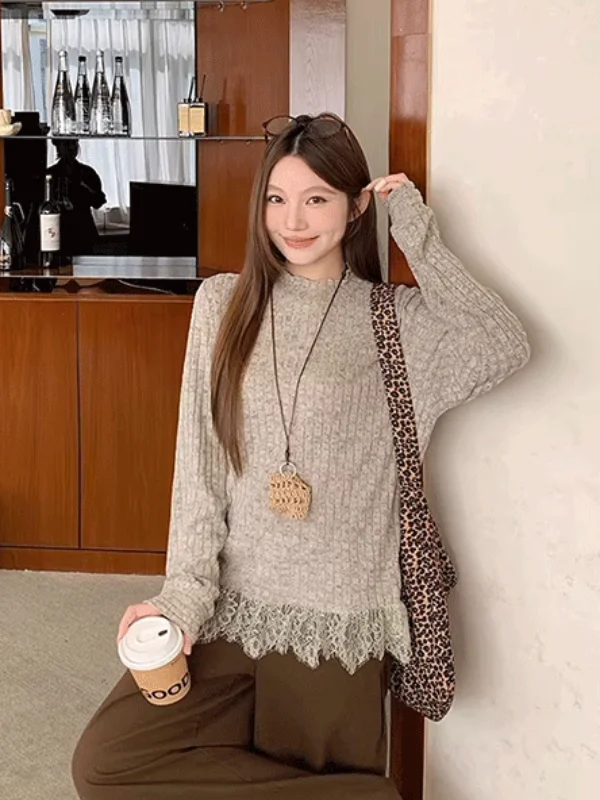 

Korean Sle Lazy Lace Knitted Sweater Women Winter New f High Collar Inner Wear Base irt Long Sve Trendy Top