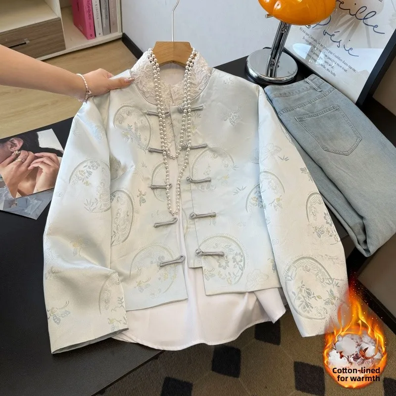 

Утепленная хлопковая куртка Ele Thiened Long Sve в стиле Ханьфу с круглым вырезом и вышивкой на пуговицах для женщин 20- и 30-летнего возраста