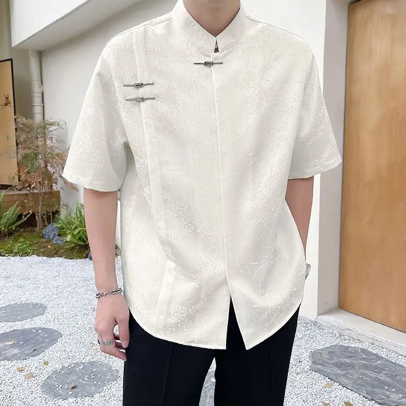 

New Chinese-style Short-sleeve Shirt For Men Summer Trendy Stylish Casual Shirt New Men's Top Half-sleeve Wushu Clothing White