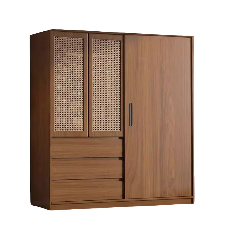 All solid wood rattan wardrobe, sliding door bedroom medium antique pure walnut storage home