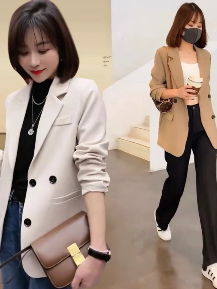 Women Chic Office Breasted Blazer Vintage Coat Solid Color Fashion Casual Fashion Long Sleeve Streetwear Tops 2022 New