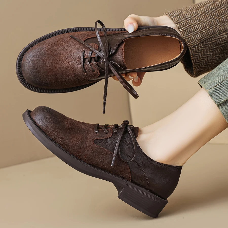 

EAGSITY Cow Leather Chunky Heel Oxford Shoes Women Casual Shoes Block Heel Brogue Shoes Retro Sneaker Lace Up Derby Shoes