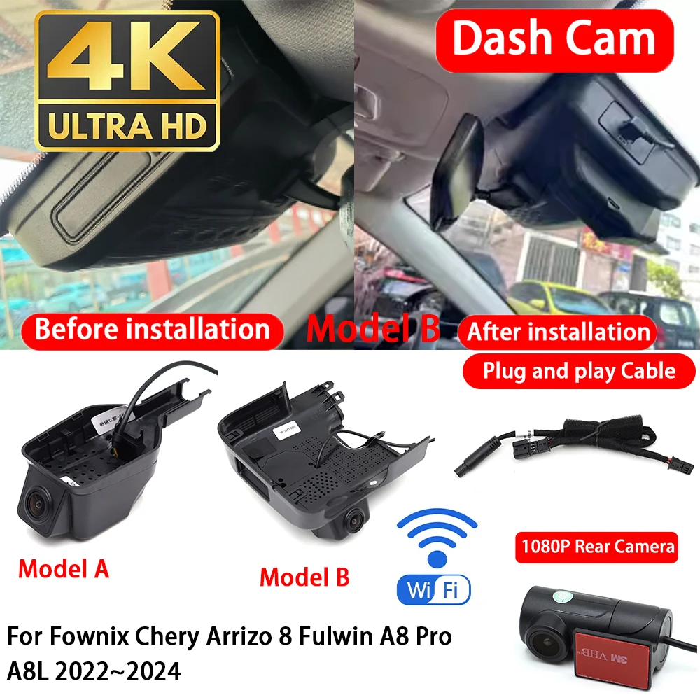 Cámara para Auto Fownix Chery Arrizo 8 Fulwin A8 Pro A8L 2022~2024, 4K, Delantera y Trasera, DVR, Wifi, Plug & Play, Grabadora de Video