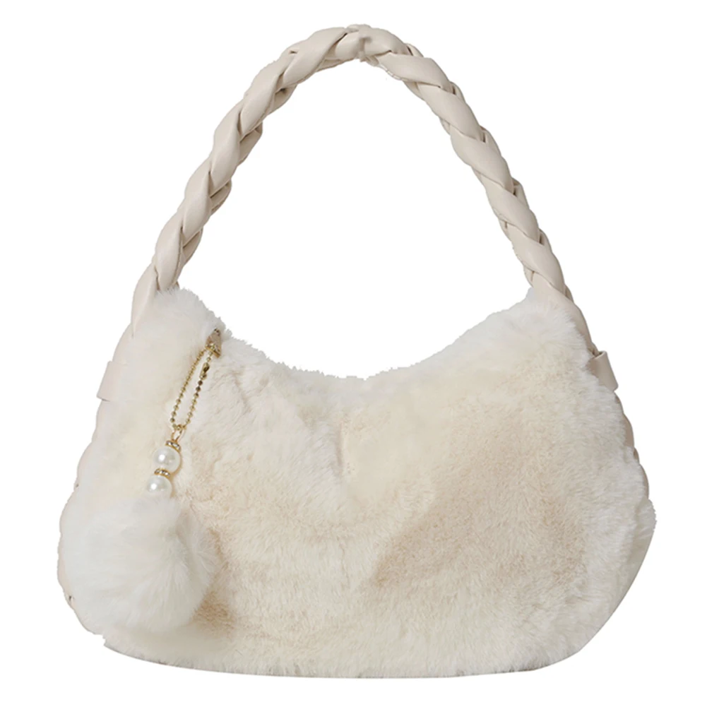 Ladies Faux Fur Hobo Bag Solid Color Mini Casual Bag PU Braid Strap Stylish Wrist Bag with Pearl Fuzzy Pendant Gifts for Friends