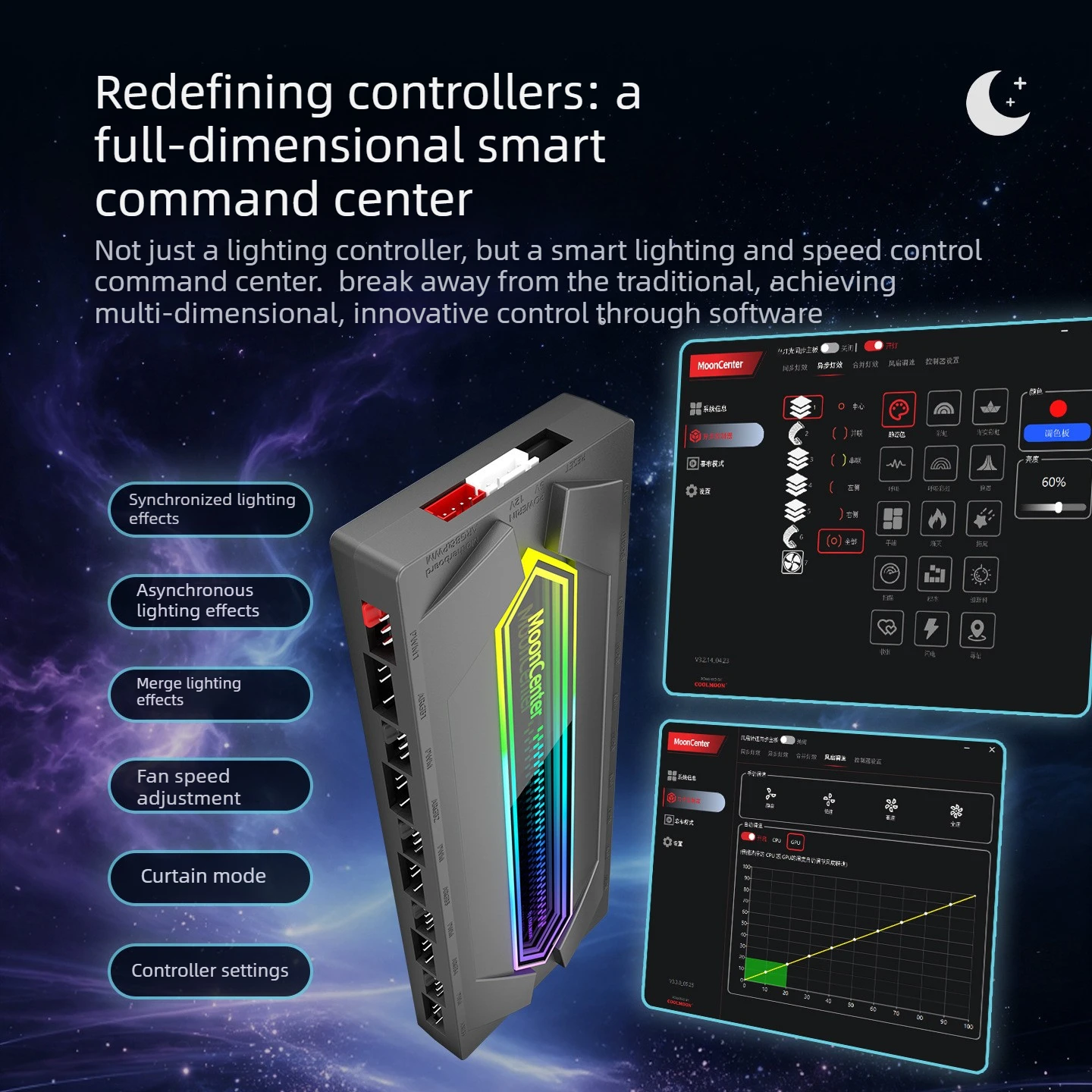 Coolmoon V10 Software-Controlled Asynchronous PWM ARGB Smart Fan Hub Controller with Silent Temp Control Desktop Computer Case