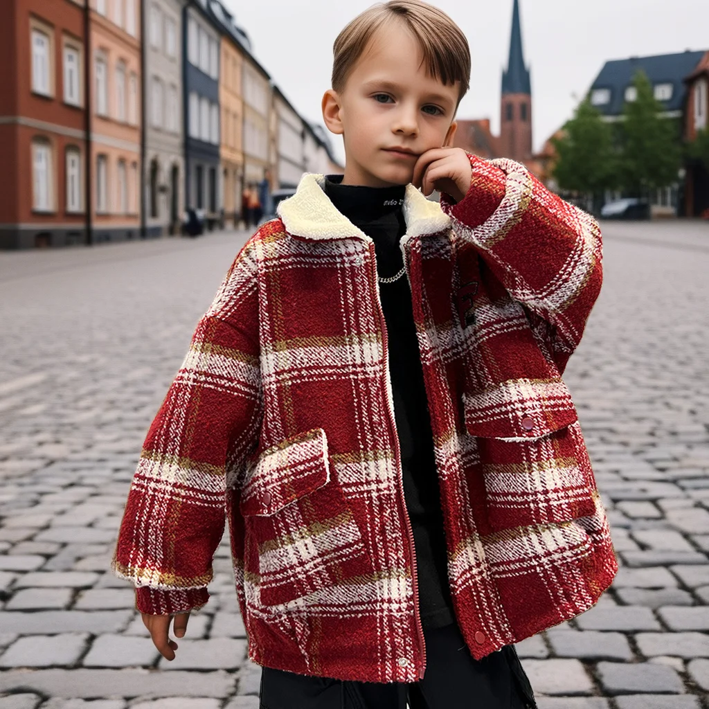 

School Boys Fleece Red Plaid Jacket Winter Coat Kids Thickened Warm Outerwear Teenager New Year Christmas Casual Tops Clothes