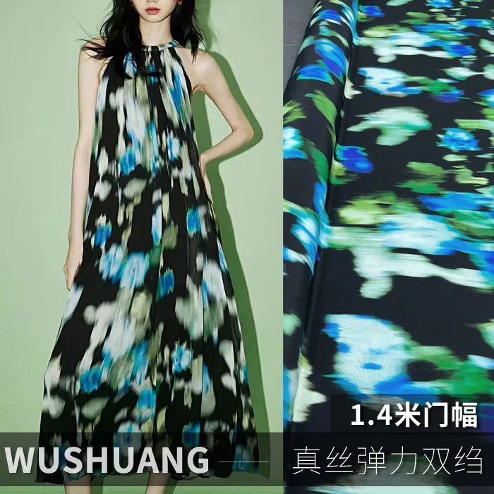 

Blue & Green Floral Print Silk Stretch Crepe De Chine Fabric Mulberry Silk Material For Dresses 140cm Wide Blouse