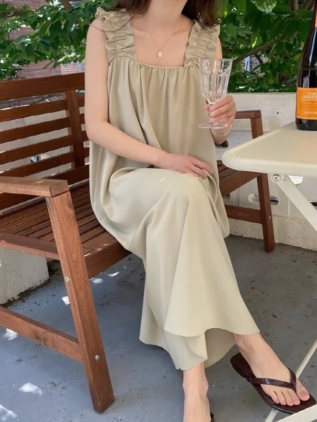 Dongda Gate No-oulder Large Skirt Length Over-knee Strap Dr Versatile Commuting Sle Svel Long Dr Square Collar