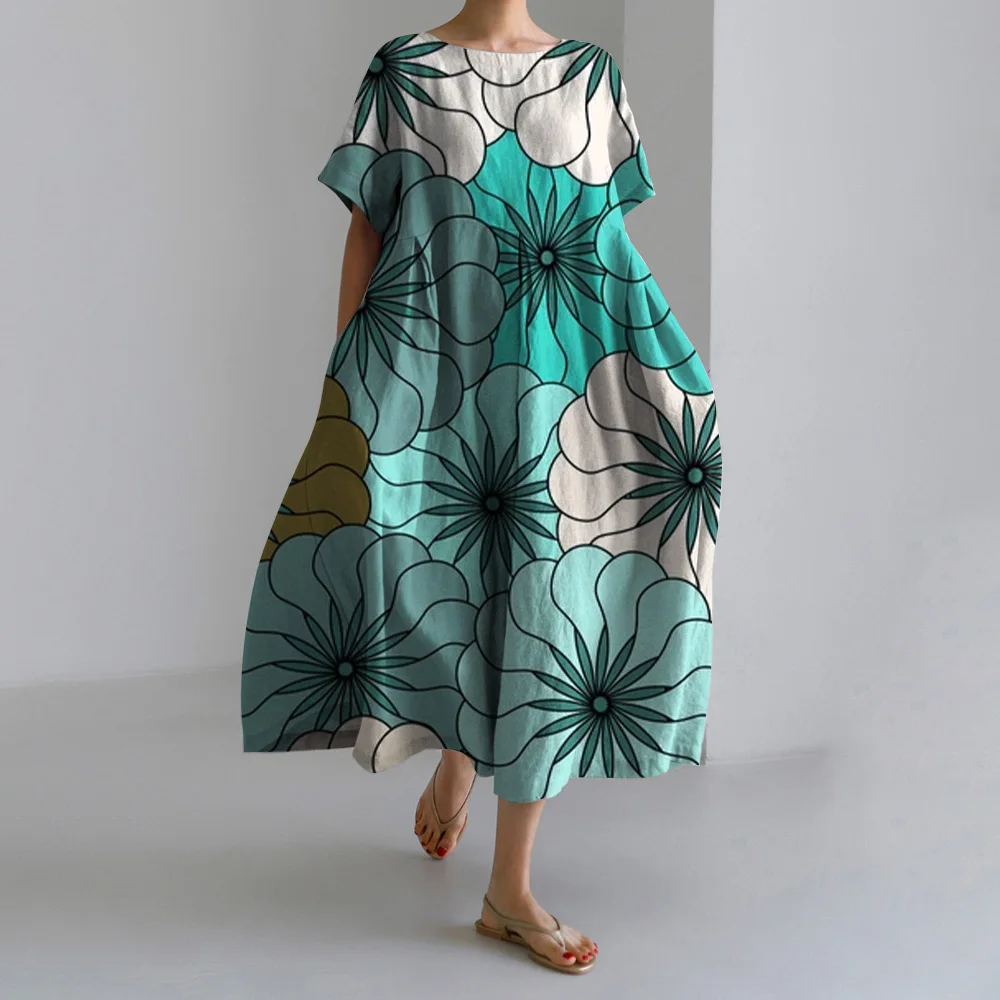 여름 패션 플러스 사이즈 S-5XL 휴가 캐주얼 드레스 신상 O넥 보헤미안 캐주얼 플로럴 프린트 미디 여성 여행 드레스