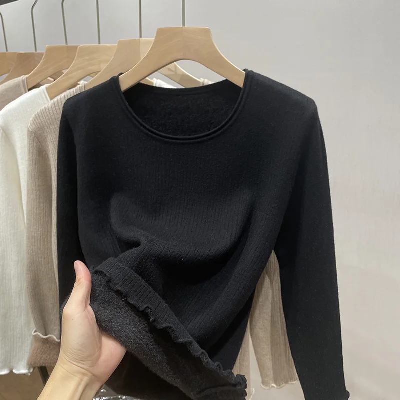 Suéter de punto para mujer, jerséis nuevos de manga larga, suéter femenino con cuello redondo, suéter de punto con forro polar negro, Jersey, Tops para mujer Q2058