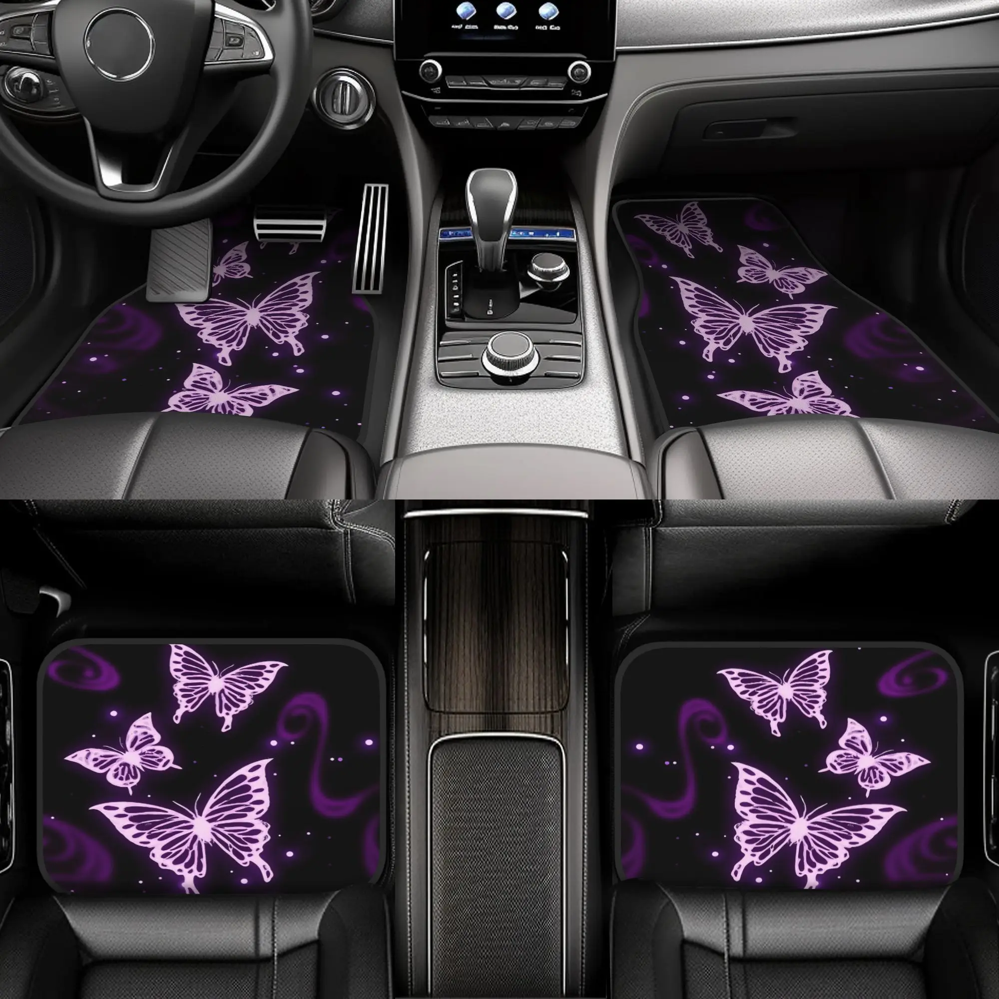 Ensemble de 4 papillons violets enchantés : une performance mystique dans le ciel nocturne. Tapis de sol pour voiture - Antidérapants, absorbants, en polyéthylène