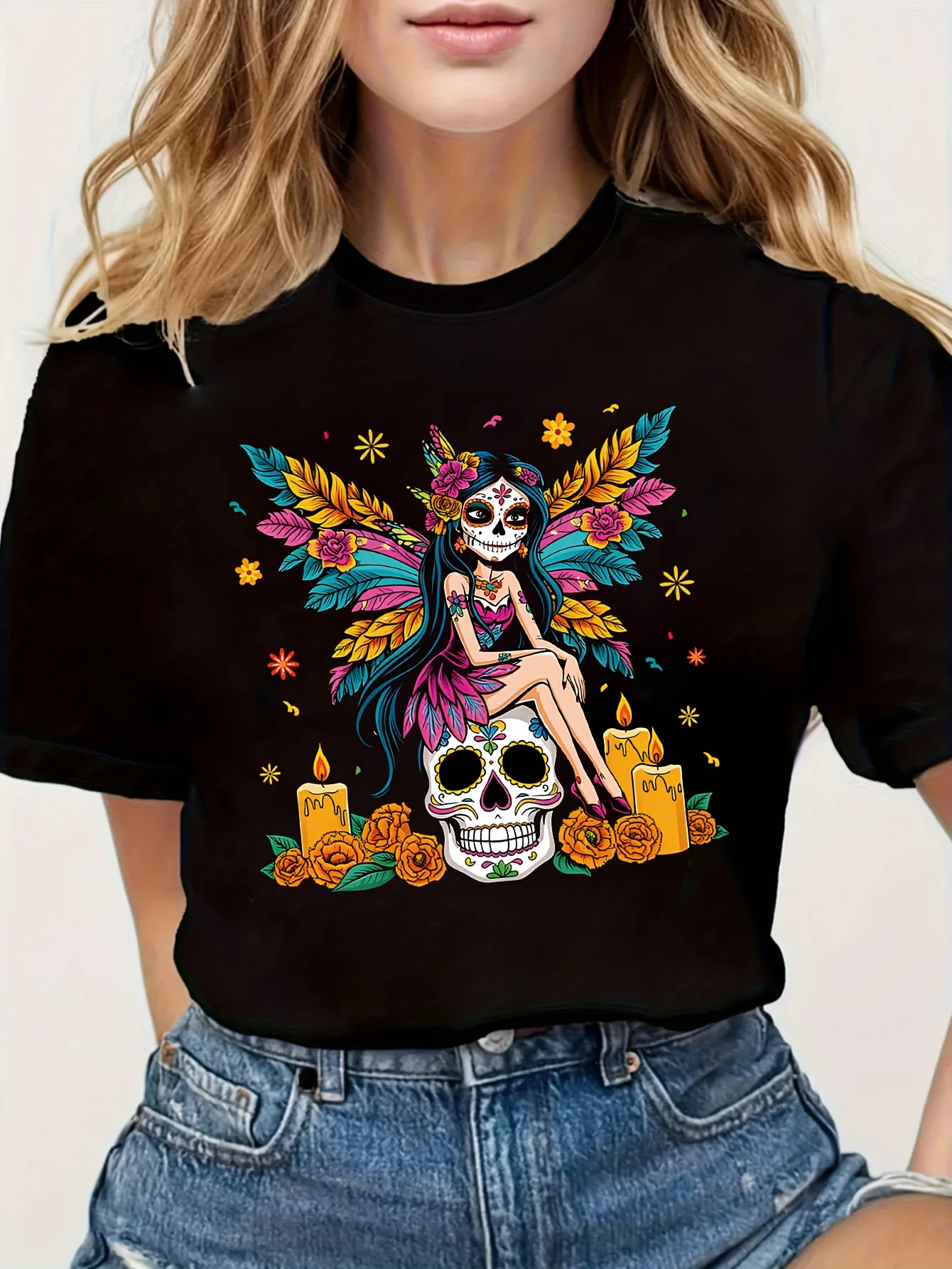 Women's Day of The Dead Fairy Skeleton Graphic T-Shirt Vibrant Mexican Day of The Dead Party Top with Skull Floral and Butterfly