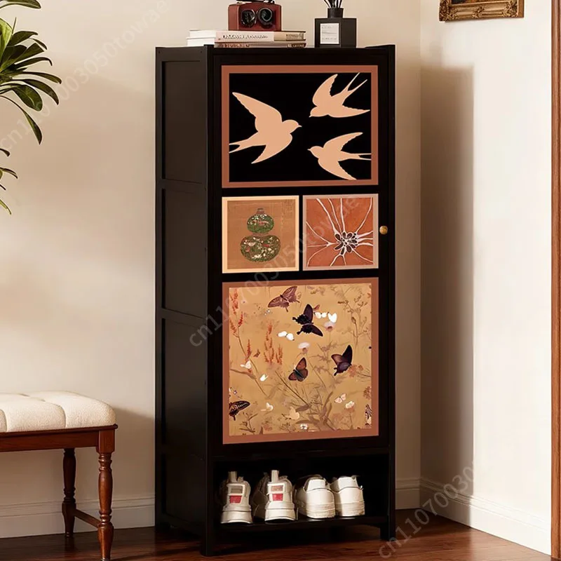 Retro Chinese Art  Storage Cabinet Swallow Butterfly Printed Door Display Cabinet Multifunctional Shoe Cabinet for Home Entryway