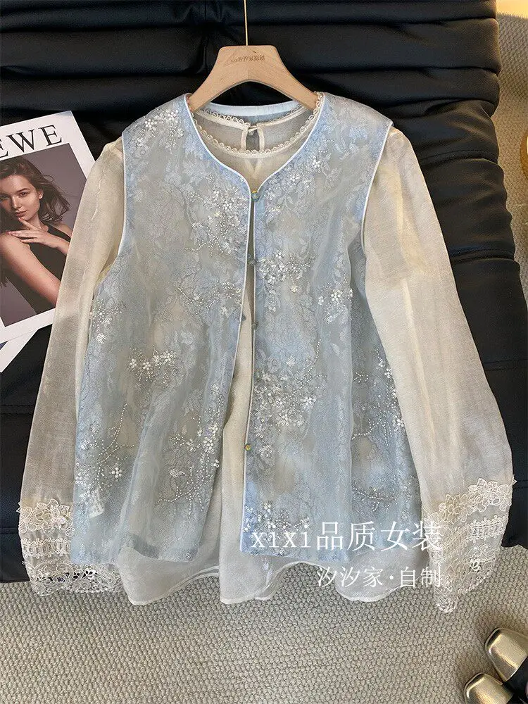 New Blue vest, heavy industry embroidery, sequins, nail beads, organza, thin