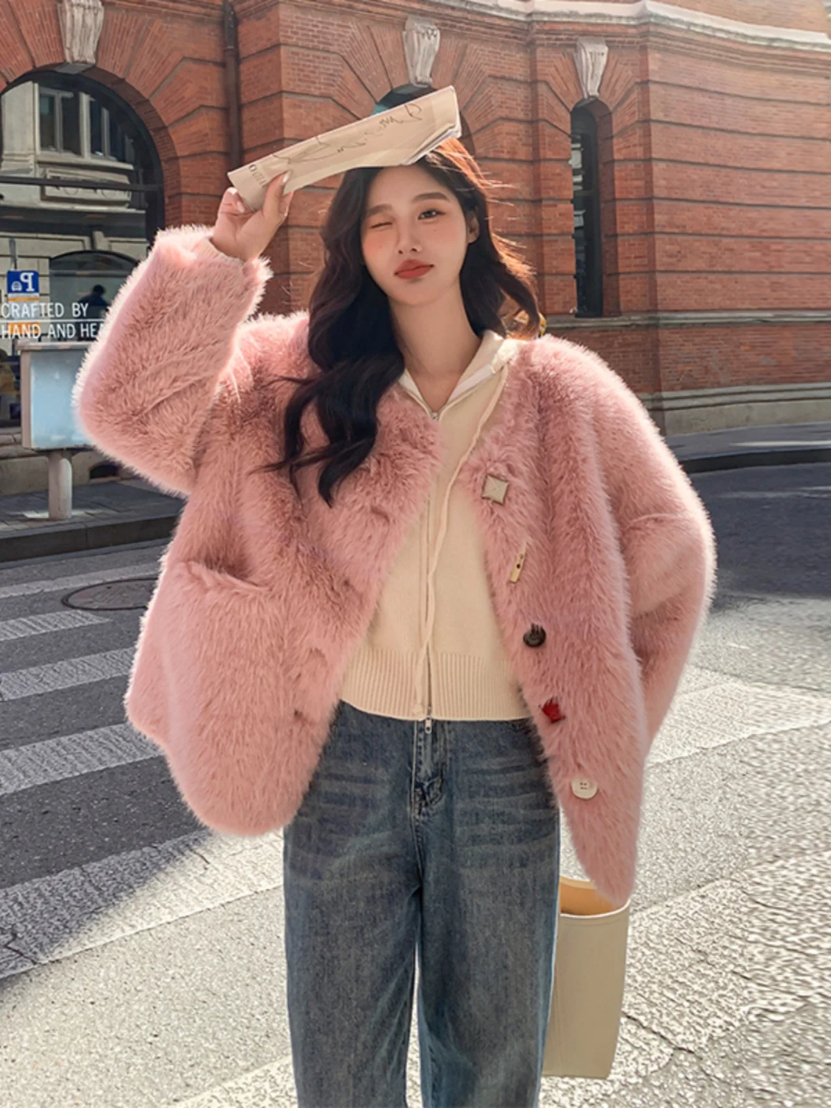 

Pink Lamb Fur Jaet Women's ort Sle Autumn Winter 2023 New Arrival Premium Fluffy Lamb Velvet Commute Sle Thiened Lo...