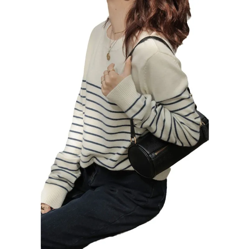 Vintage commuter stripe round neck cashmere sweater for women spring and autumn loose jumper temperament wool base sweater