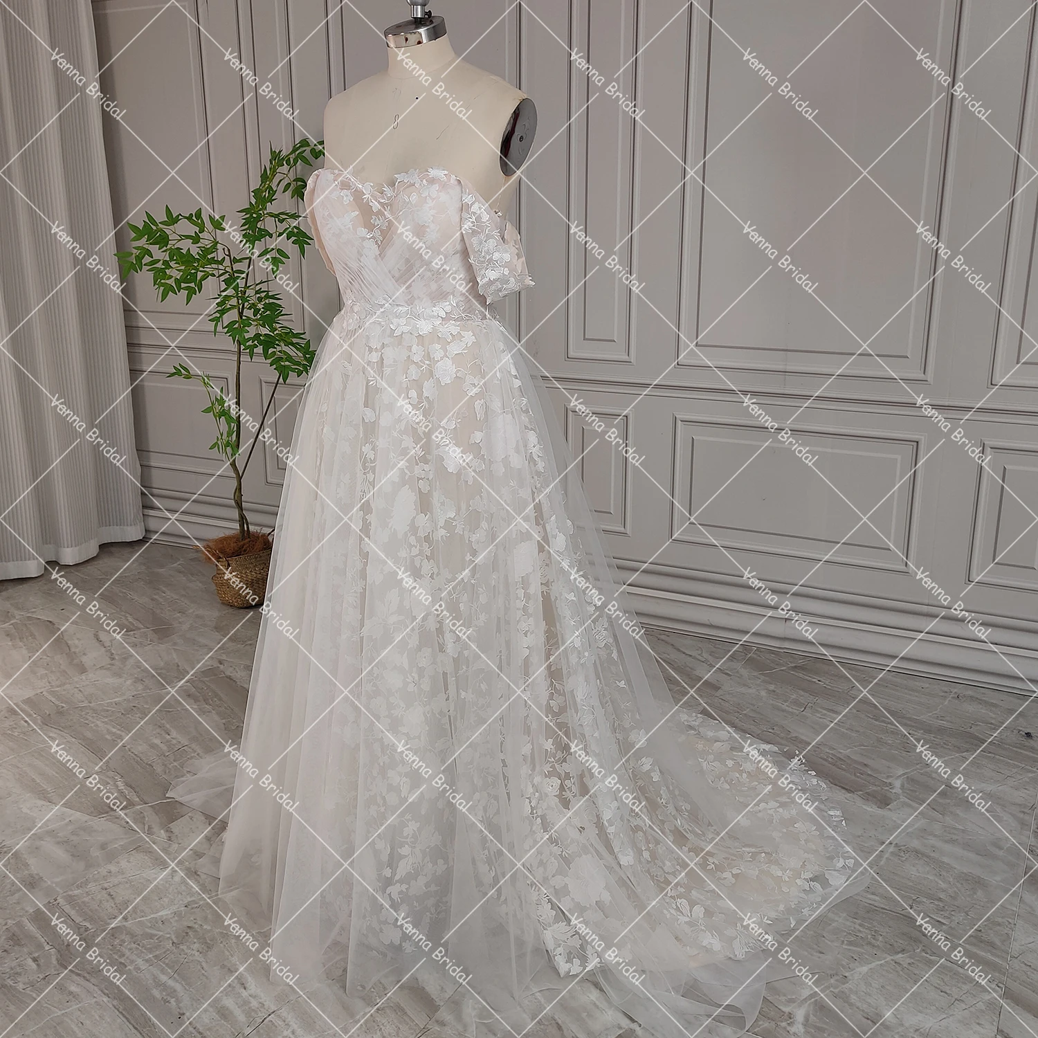 Romantische Kant Sweetheart Echte Foto's Trouwjurk Off Schouder Hoge Split Cross Zachte Tule Aangepaste Big Size Bruidsjurken