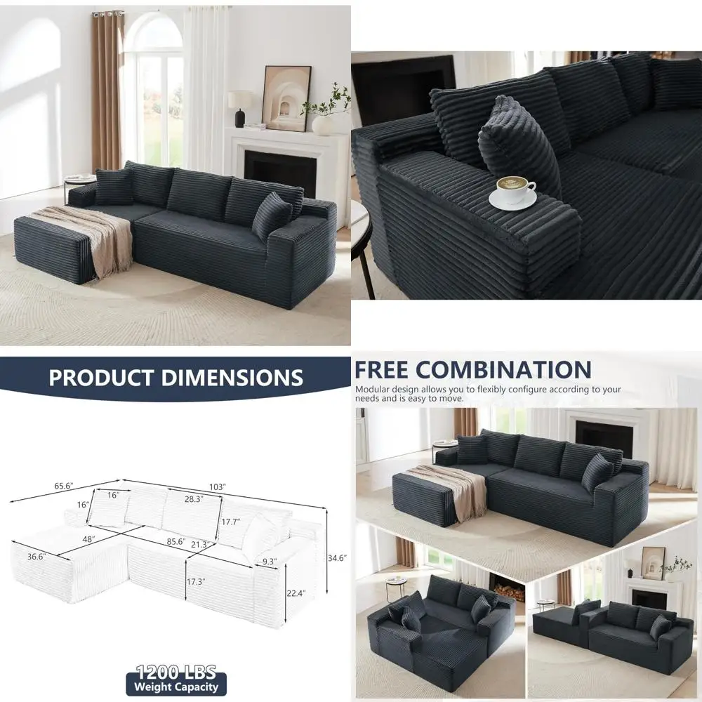 أريكة سروال قصير على شكل حرف L مع كرسي يسار، أريكة ضغط سحابة بدون عظم لراحة غرفة المعيشة