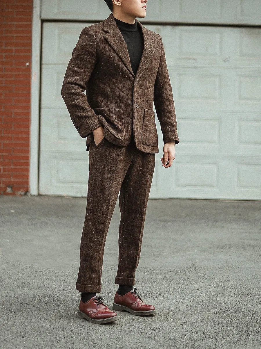 Winter American retro tweed Breezer suit made of pure wool fabric, slim fit suit with two button cuffs that can be opened