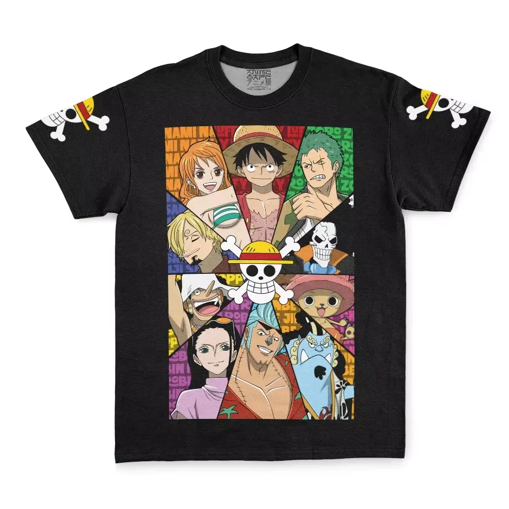 Men's One Piece Straw Hat Pirates Crew Front Back Matching T-Shirt, Anime Luffy Zoro Nami Chopper Graphic Otaku Streetwear Short