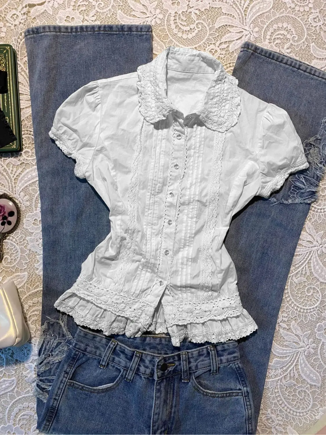 Harajuku T-shirt Vintage Woman Clothing Y2k 2000s Sweet Short Sleeved Slim Polo Lace Streetwear Crop Top Lace-up Elegant Emo Tee