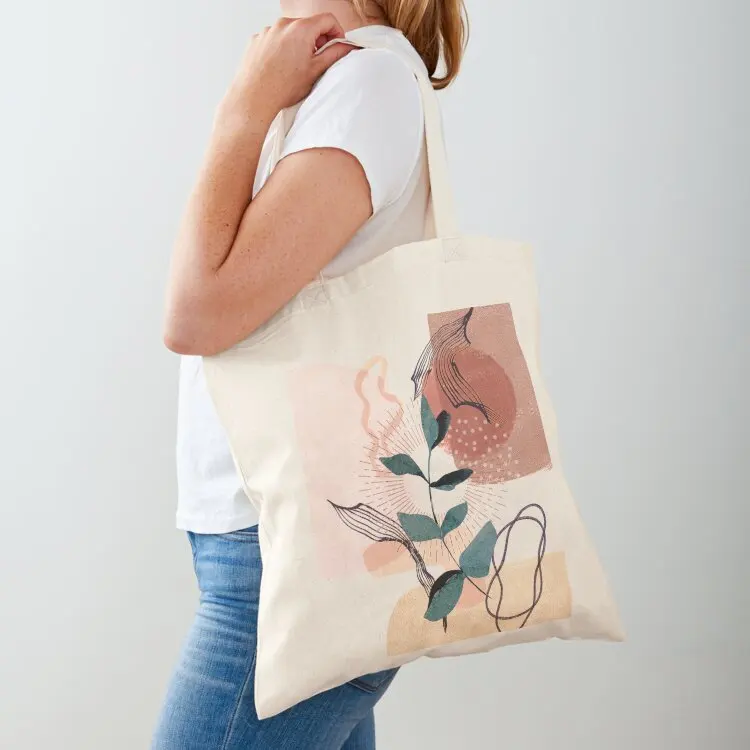 

Eucalyptus Watercolor Branch Abstract Tropical Boho Minimalist Art with warm earthy tones and pastel colors with solid Tote Bag