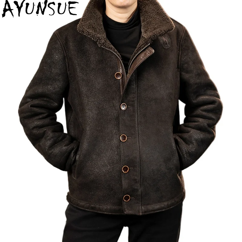 AYUNSUE Vintage 100% Natural Fur Coat Man Winter Warm Real Sheepskin Shearling Coats Thick Genuine Leather Jacket Simple casaco
