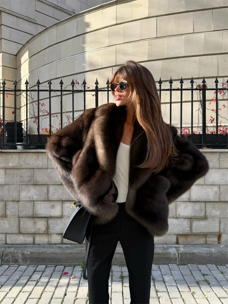 Womens Lapel Collar Open Front Faux Fur Short Jacket Long Sleeve Loose Plush Warm Luxury Elegant Outerwear  Ladies Cold Season