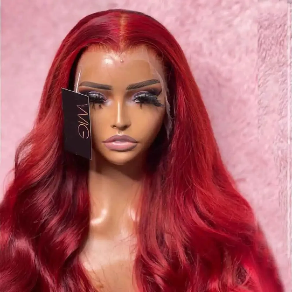 

Длинный прямой синтетический парик 13x4, ярко-красный, с HD-кружевной передней частью, предварительно проработанной линией роста волос и бэби-хейзерами, для женщин