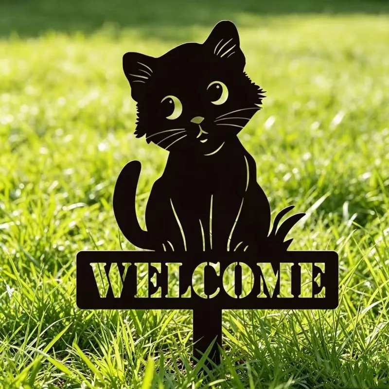 Creative Metal Black Cat Welcome Card Ornaments Outdoor Courtyard Lawn Terrace Miniature Animal Statue Crafts Garden Decoration