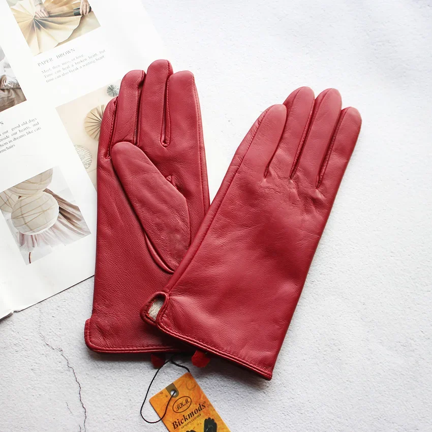 

Женские перчатки из овчины, модные цветные кожаные простые стильные перчатки с шерстяной подкладкой, весенние и осенние теплые перчатки на пальцы