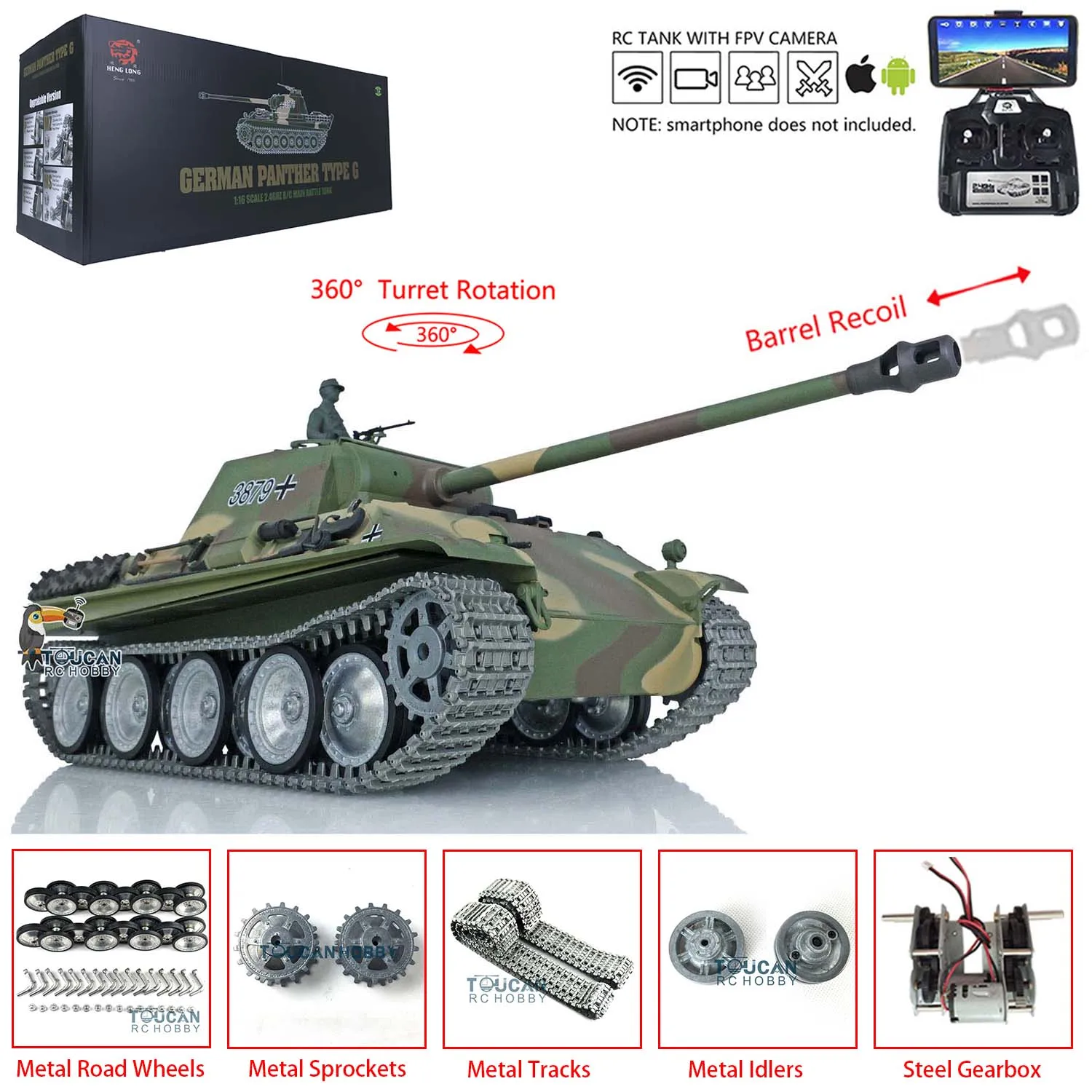 1/16 Heng Long RC Tank 7.0 FPV Customized Panther G RTR 3879 Metal Tracks Wheels TH17492-SMT4