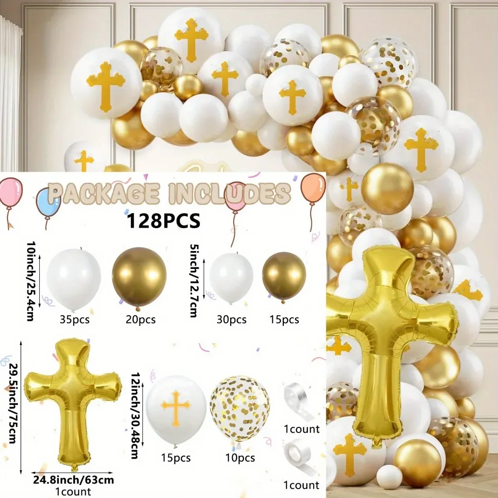 128PCS Eucharist and Baptism party decoration kit containing cross foil balloons for celebrating the first Communion with God