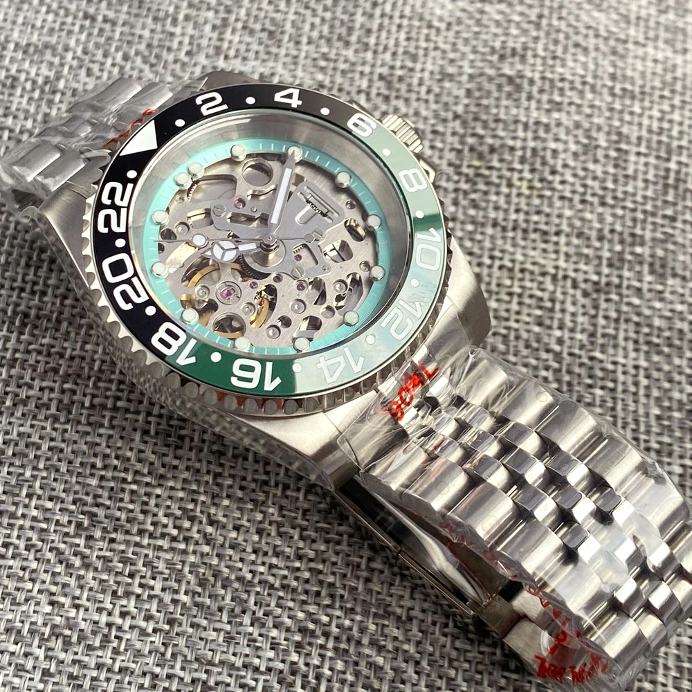 Tandorio 40mm NH70A Mechanical Automatic Movement Men Dive Watch 200M Waterproof Skeleton Dial Steel Bracelet Glass Back