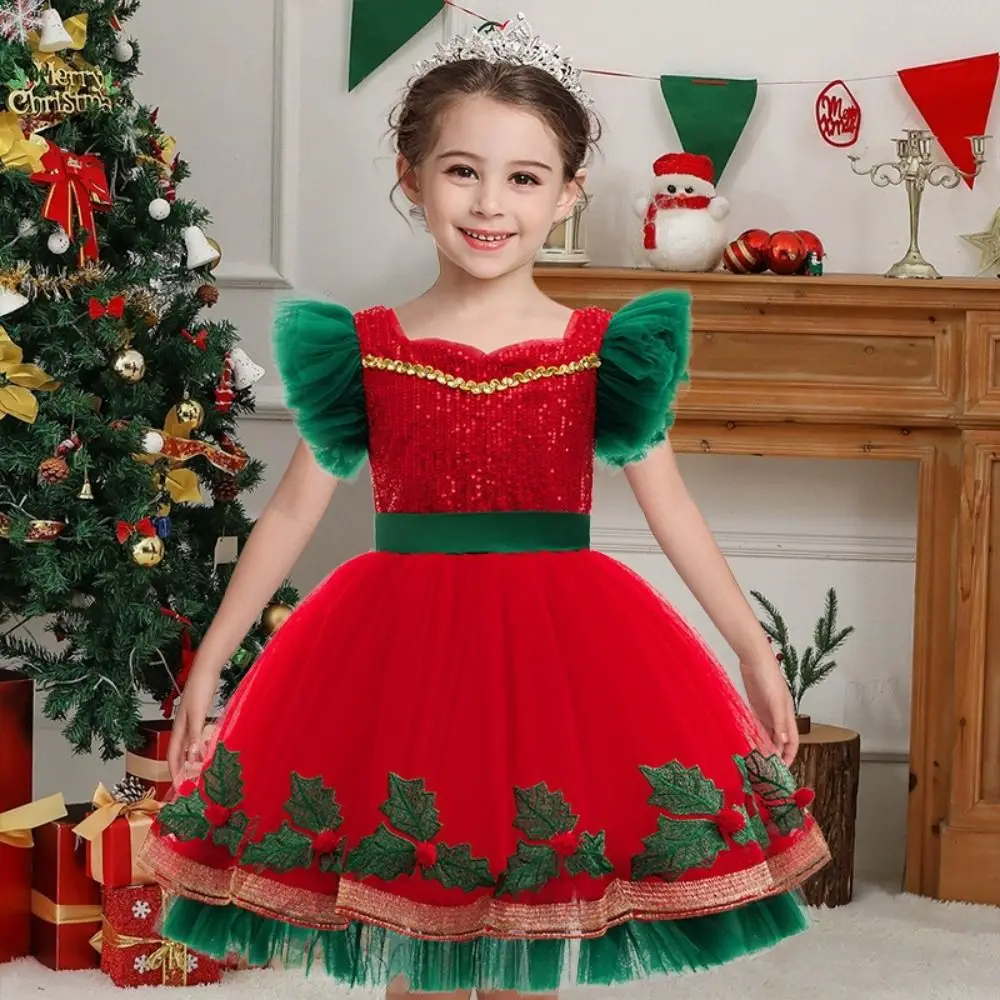 Mesh Puff Skirt Christmas Princess Dress Lace Collar Short-Sleeved Party Gown Glitter Design Flying Sleeve Girls Formal Dress