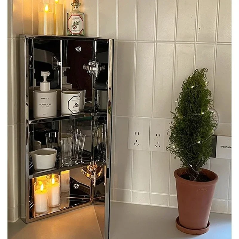 Stainless steel small apartment corner bathroom mirror cabinet, multi-layer bathroom storage cabinet