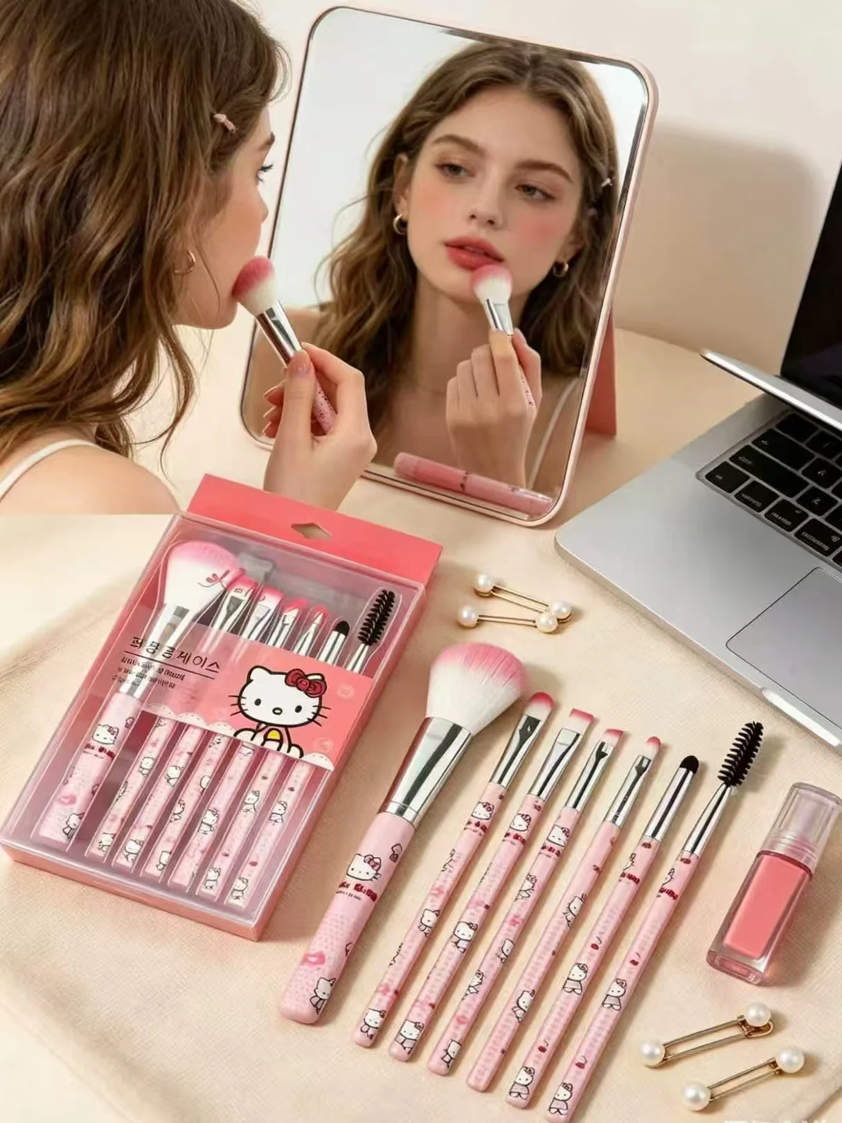 Sanrio Hello Kitty Makeup bag Brushes Set Soft Synthetic Hair Pink Foundation Blush Eyeshadow Eyebrow Eyelash Cosmetic Brush Ki