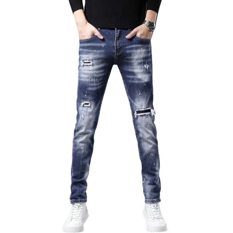 Printemps et été nouveau jean déchiré en Denim à la mode hommes peinture délavée coréen pantalon ajusté mode polyvalent pantalons pour hommes