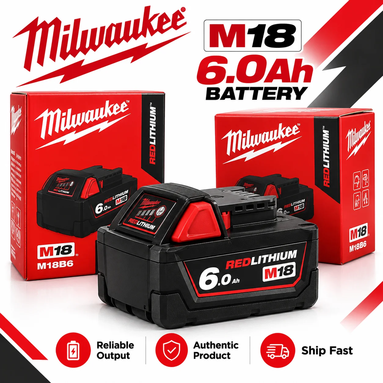 100% New Milwaukee M18 6.0Ah High Output Battery 18V Lithium-ion Rechargeable for Milwaukee M18 Cordless Power Tools 6Ah Battery