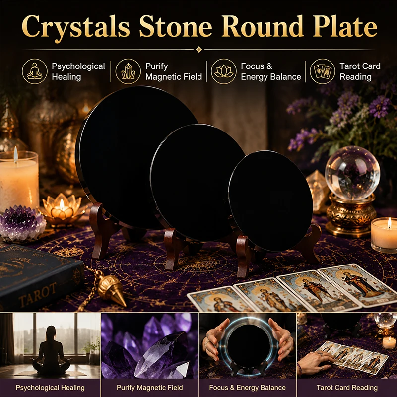 Natural Black Obsidian Scrying Mirror with Stand Round Polished Divination Stone Wicca Pagan Altar Healing Crystal Decor