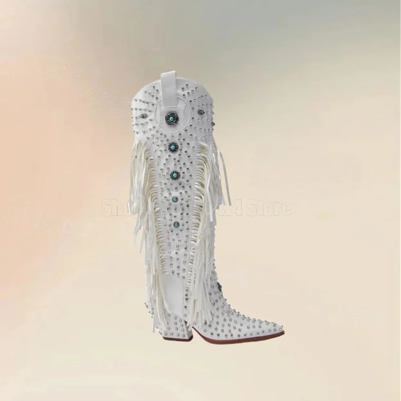 

Crystal Decor White Tassels Pointed Toe Boots Side Zipper Women Shoes Chunky High Heels Party Banquet 2025 Zapatos Para Mujere