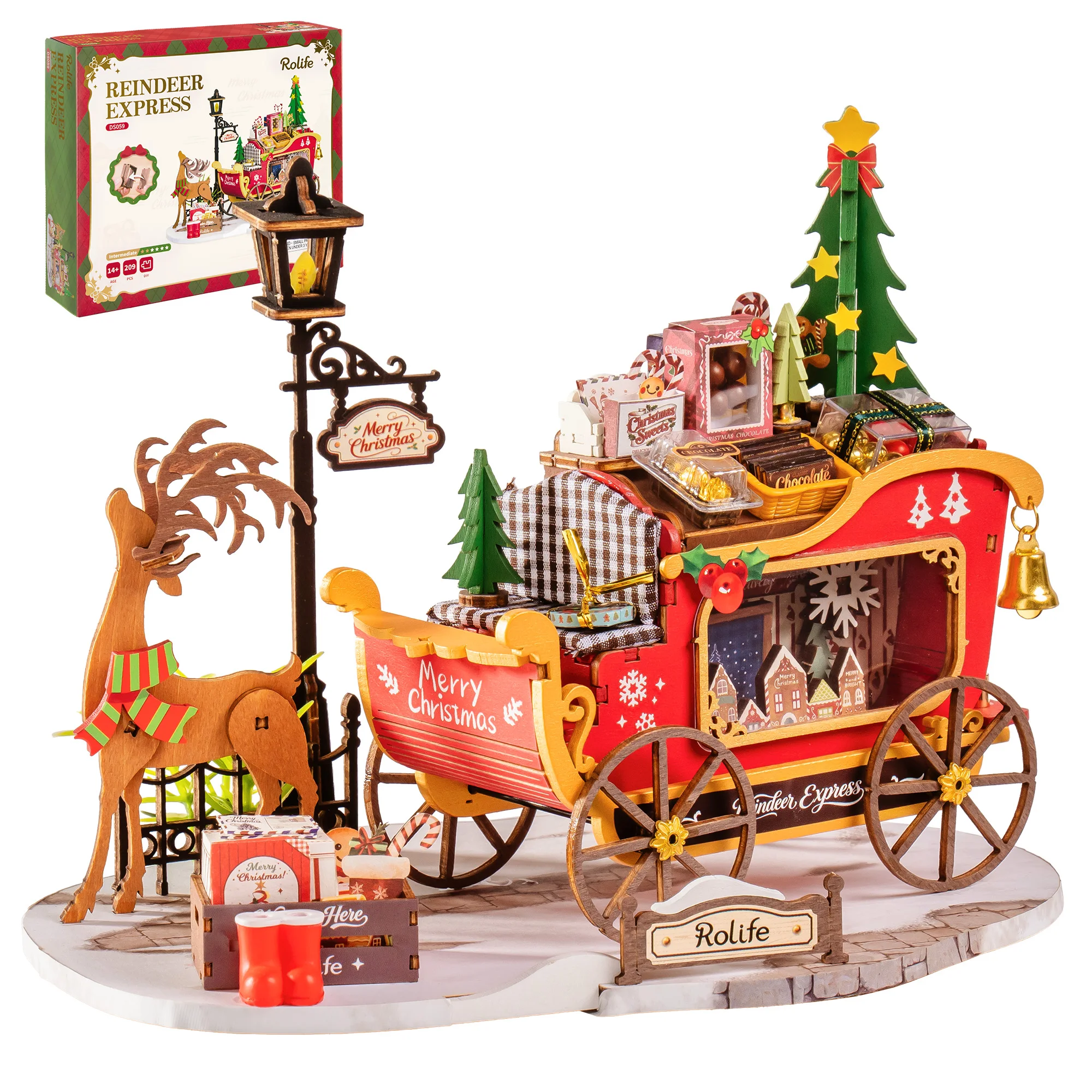 Rolife Wooden 3D Puzzle Toys - Reindeer Express Car Model Building Kit for Desk Decor 209-pieces DIY Craft Kit Christmas Gift for Adults Friends