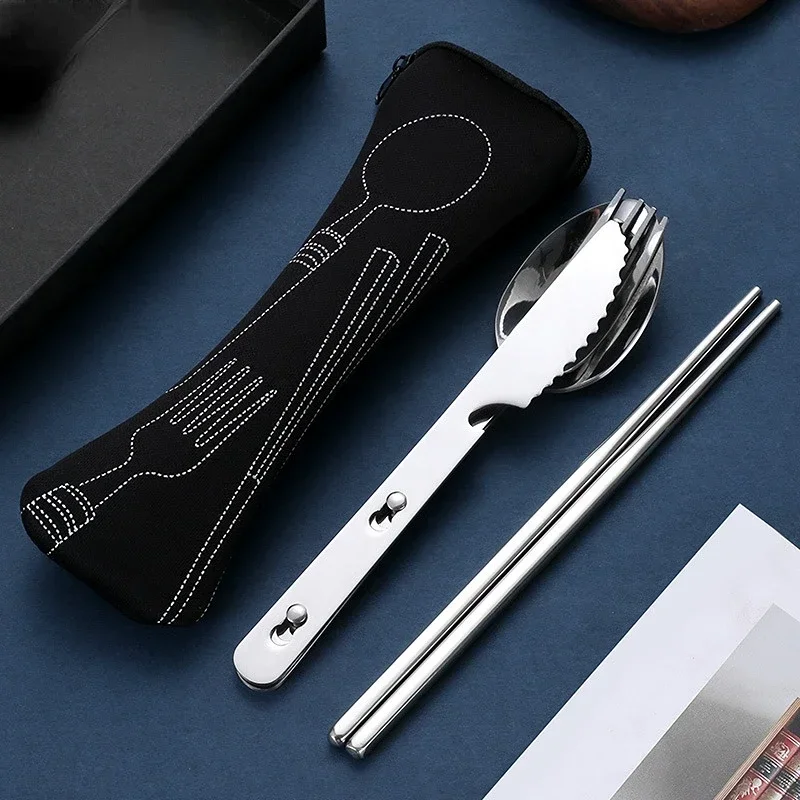 4Pcs Set Dinnerware Portable Printed Knifes Fork Spoon Stainless Steel Family Camping Steak Cutlery Tableware with Bag